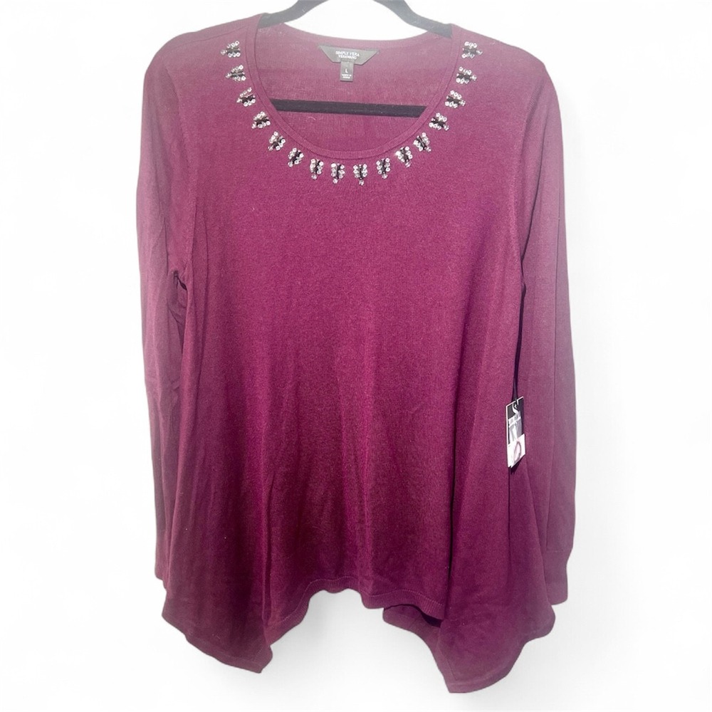 Simply Vera Wang Women's L Burgundy Jeweled Neckline Long Sleeve Tunic Sweater